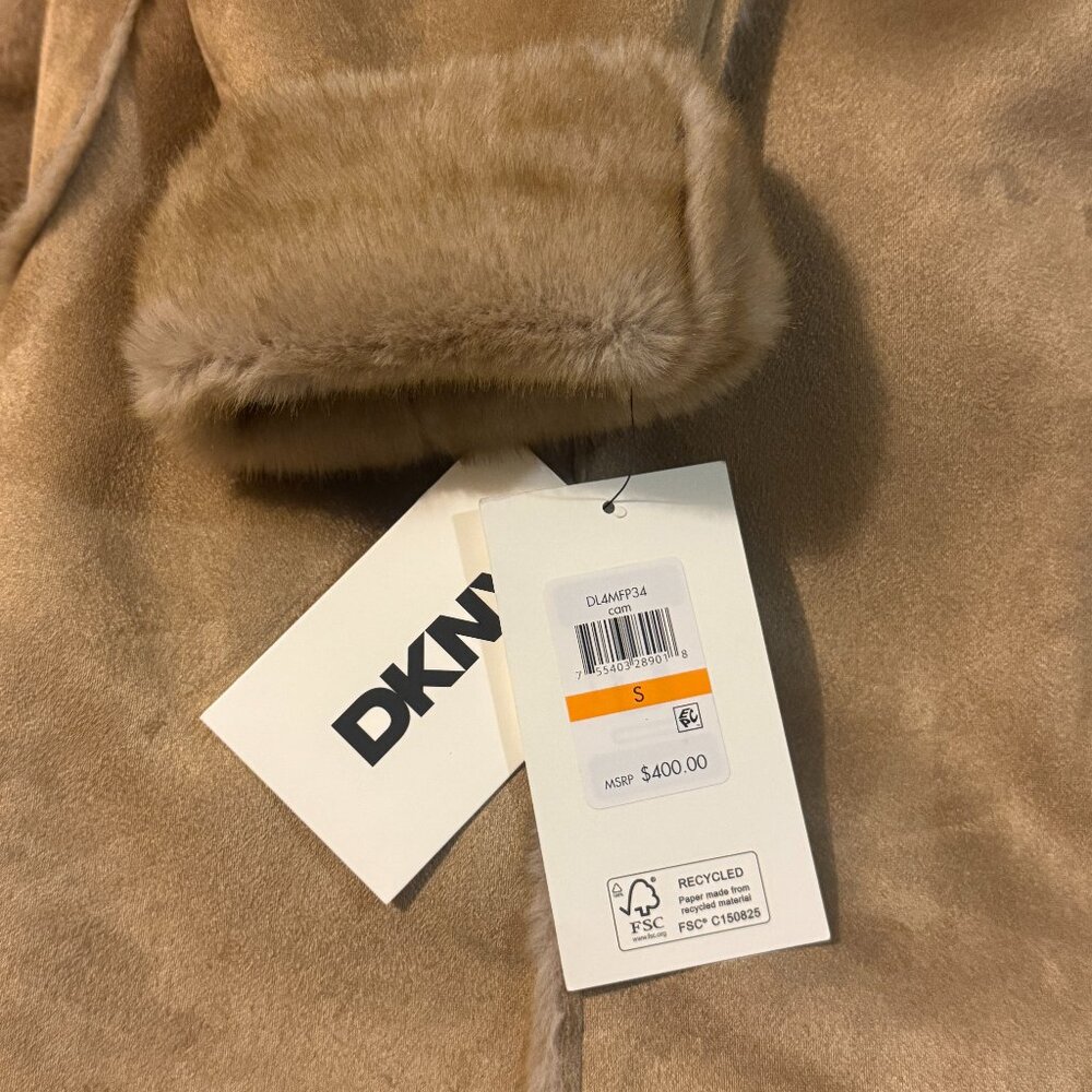 NWT DKNY Women's Belted Notched-Collar Faux-Shearling Coat - Picture 6 of 7
